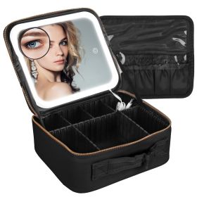 Travel Makeup Bag with LED Mirror Makeup Case Organizer with 3 Light Colors Adjustable Dividers Brush Holder Magnifying Mirror Dimmable USB Rechargeab (Option: S_Black)